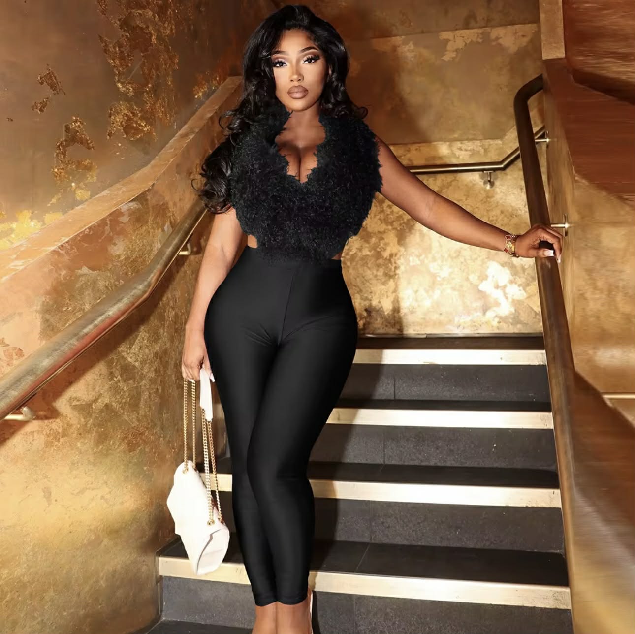 Pioa Black Fur Top Two Piece Pants Set