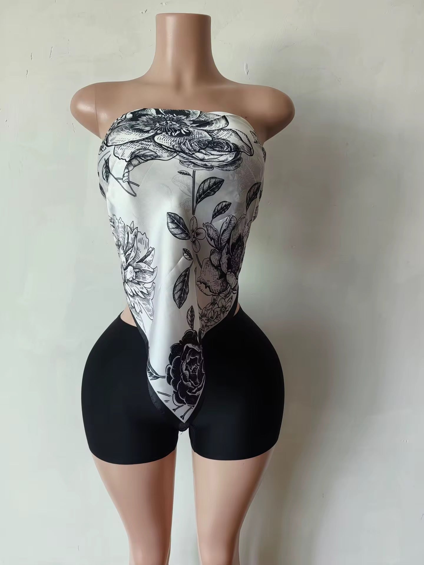 Renee Black Scarf Top & Biker Short Set