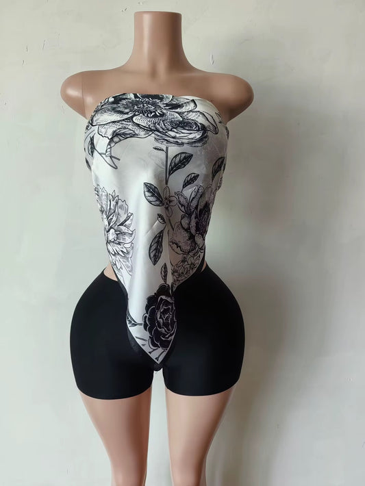 Renee Black Scarf Top & Biker Short Set