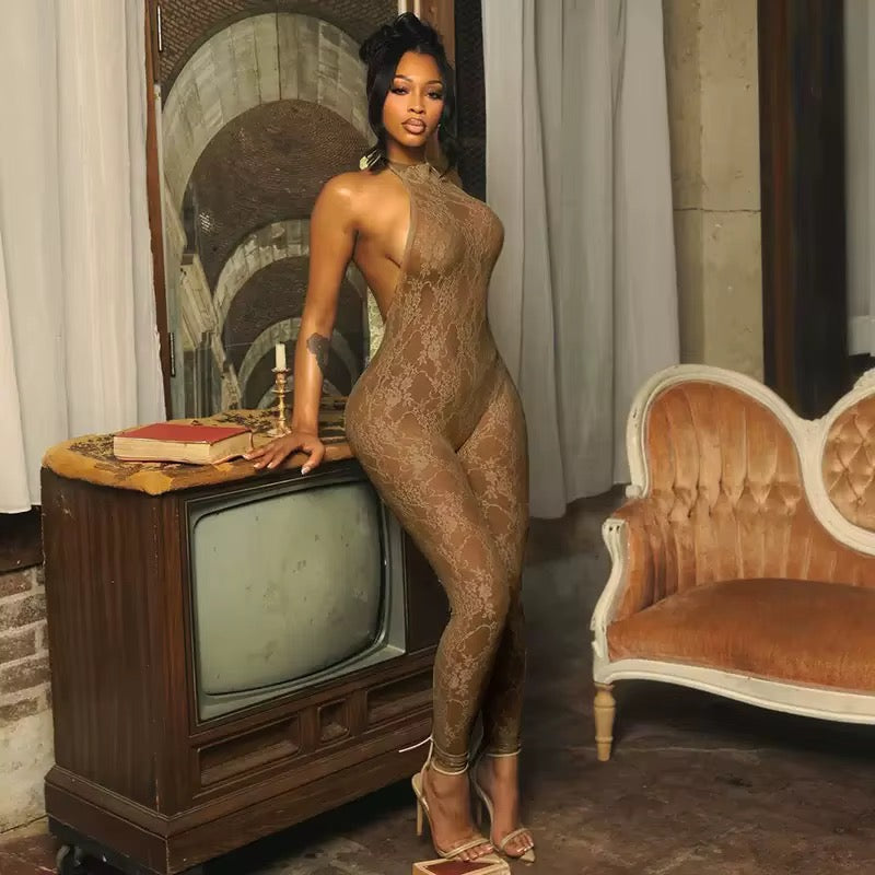 Jaei Brown Backless Lace Jumpsuit