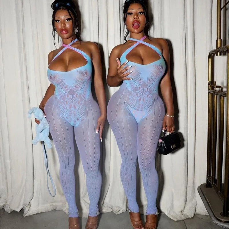 Wanai Blue Pink Cross Strap Poster Girl Jumpsuit