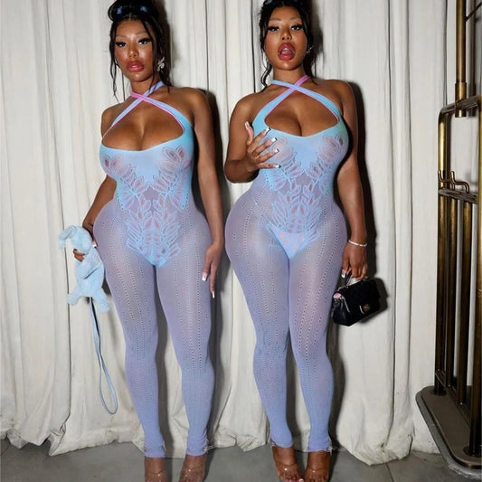 Wanai Blue Pink Cross Strap Poster Girl Jumpsuit