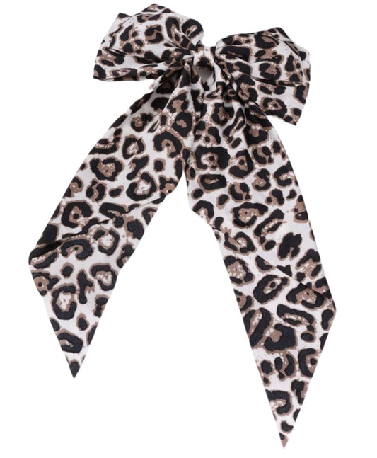 Leopard Print Off Gray Satin Hair Bow Accessory