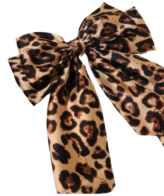 Tan Leopard Print Satin Hair Bow Accessory