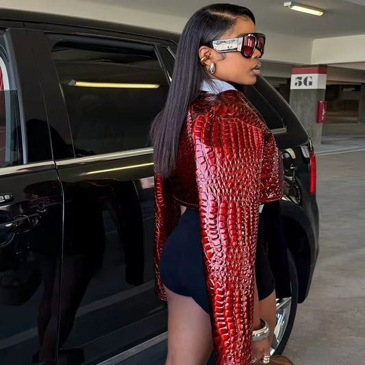 Diva Red Leather Snake Print Crop Jacket