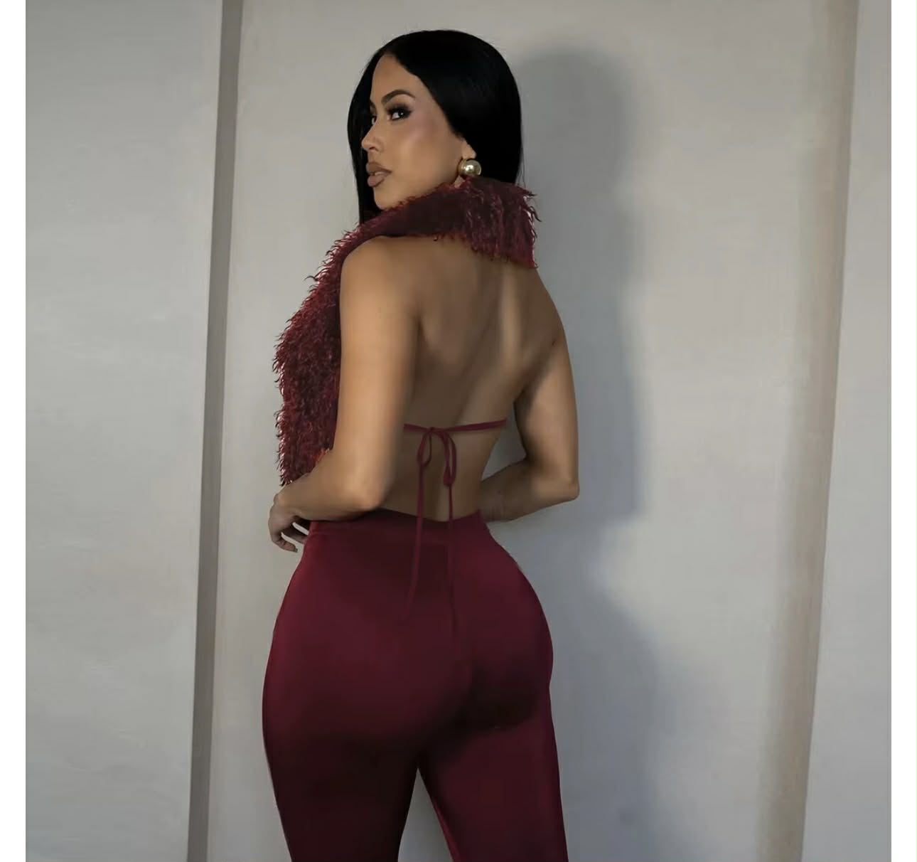Pioa Burgundy Fur Top Two Piece Pants Set