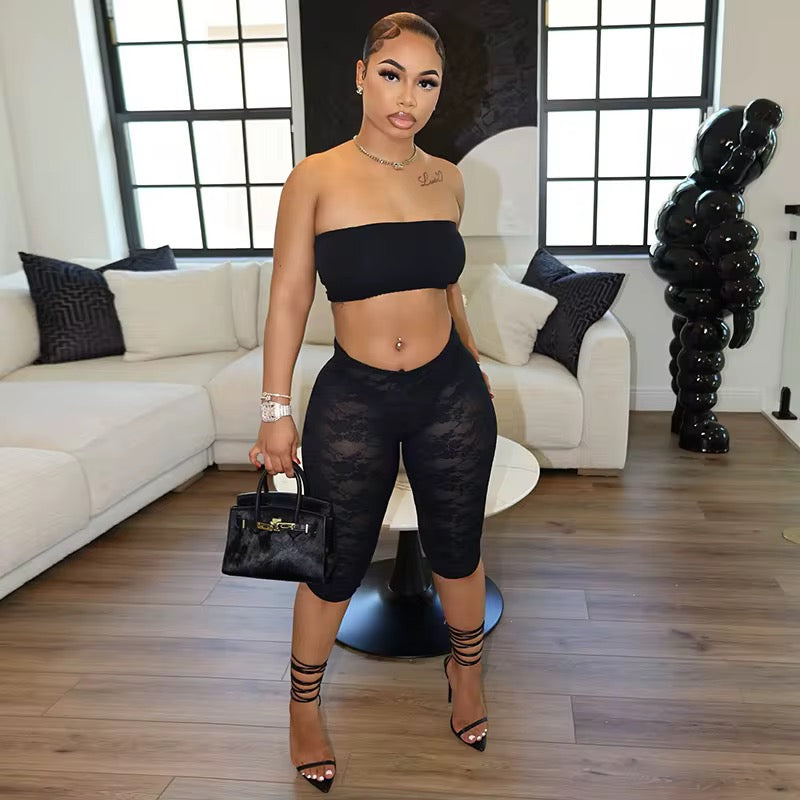 Teiz Black Lace Two Piece Capri Set