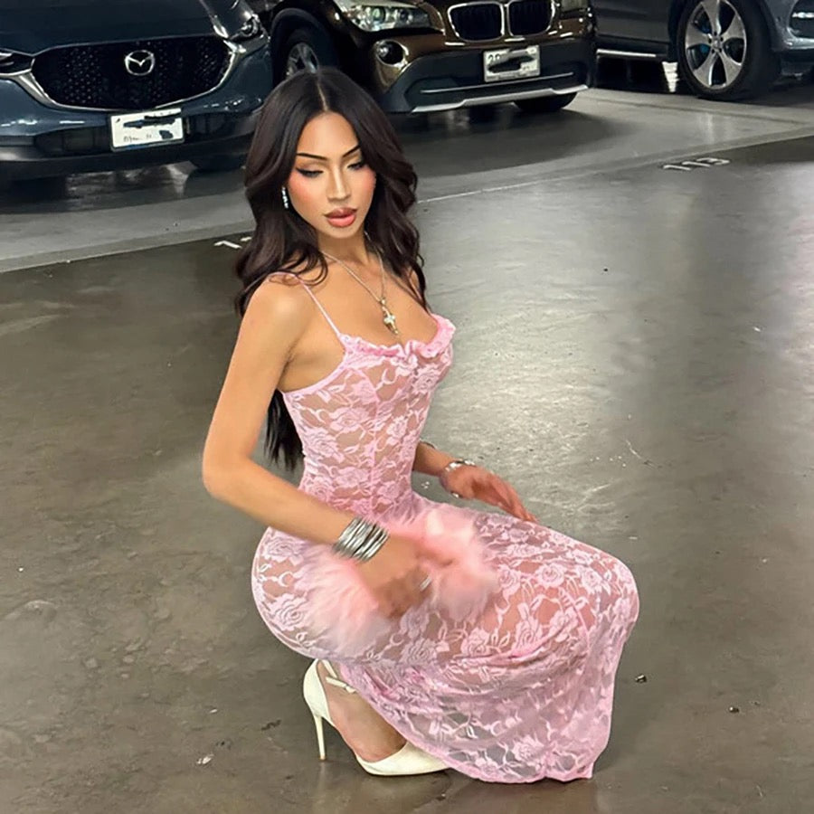 Lara Pink Floral Lace Maxi Dress