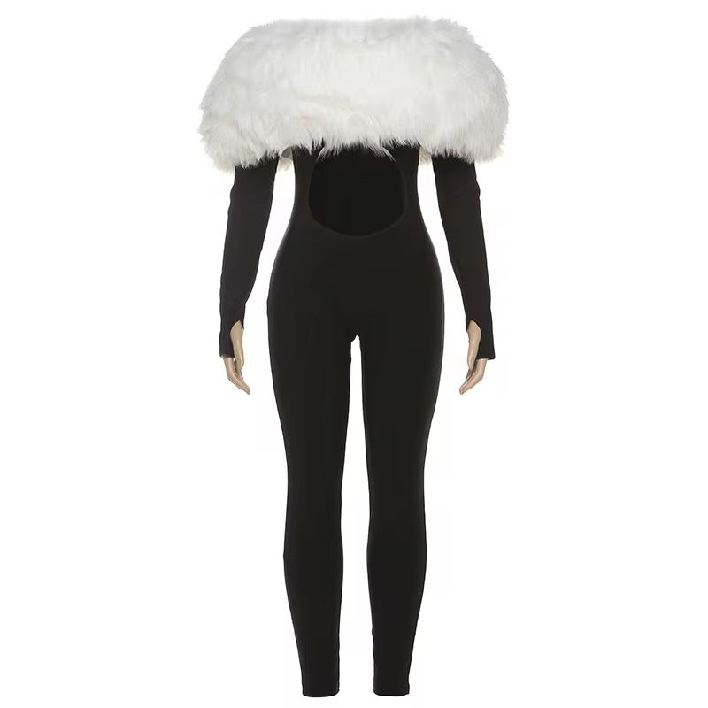 Myai Black Fur Top Shoulderless Jumpsuit