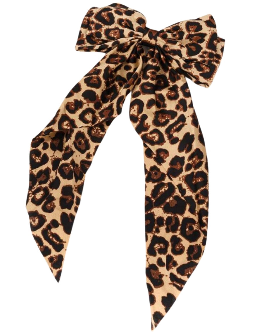 Tan Leopard Print Satin Hair Bow Accessory