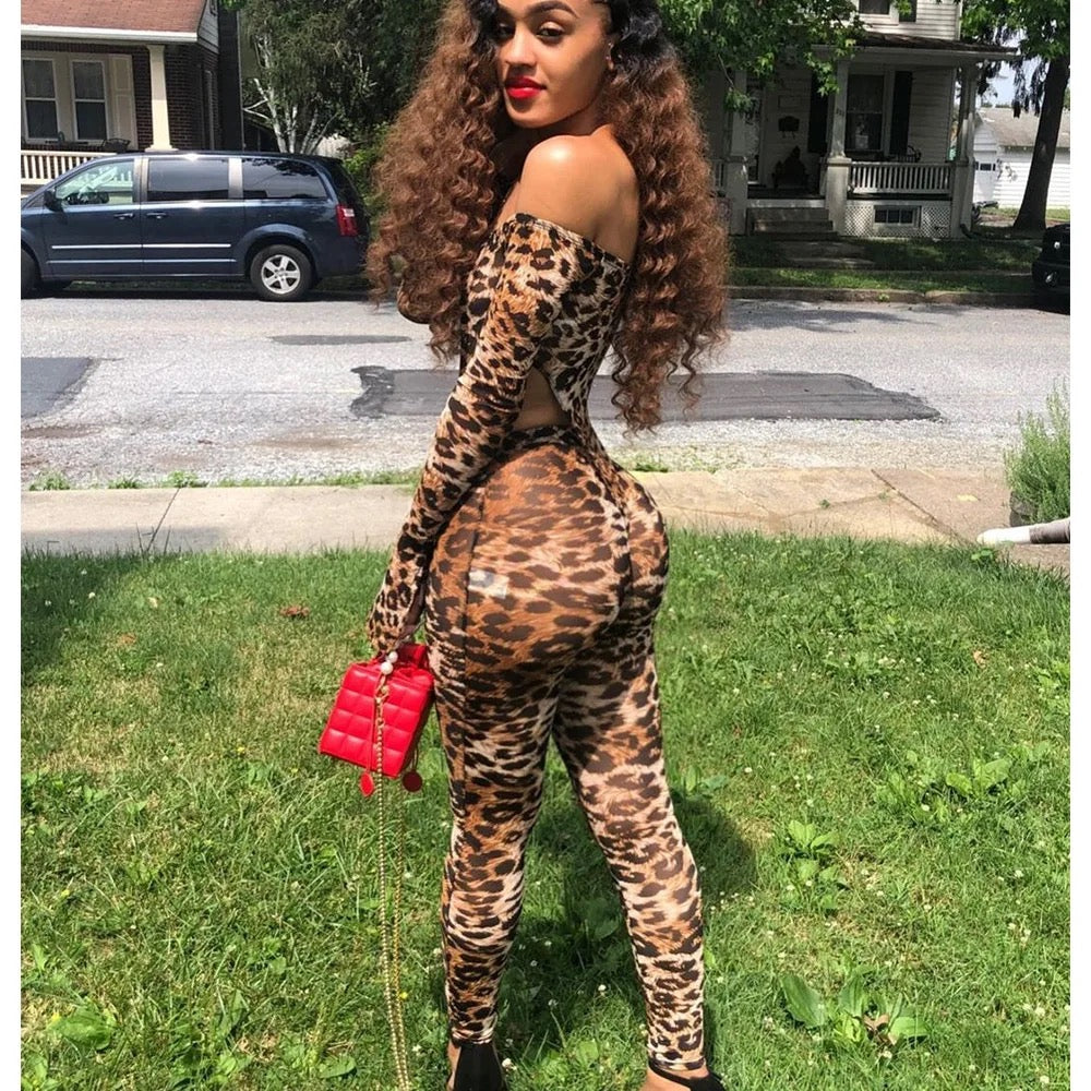 Aurio Leopard Print Two Piece Shoulderless Set