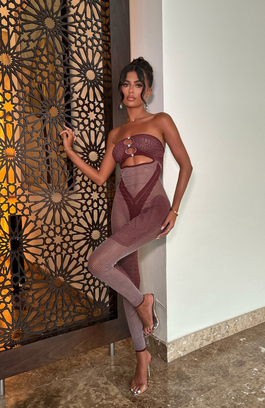 Obria | Brown Mesh Poster Girl Shoulder-less Jumpsuit