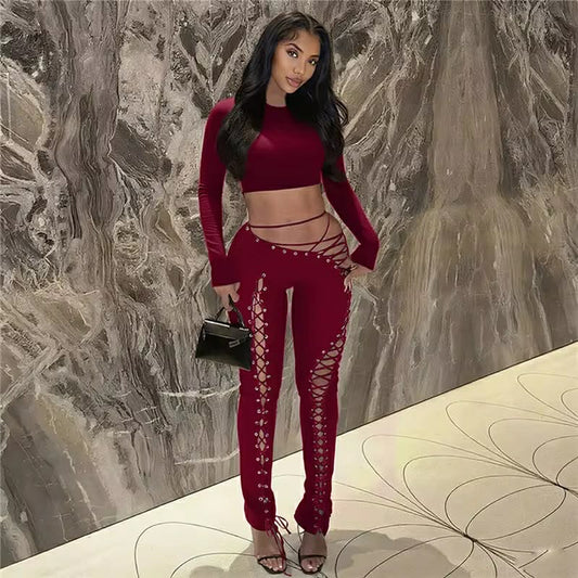 Jira Burgundy Lace Up Two Piece Set