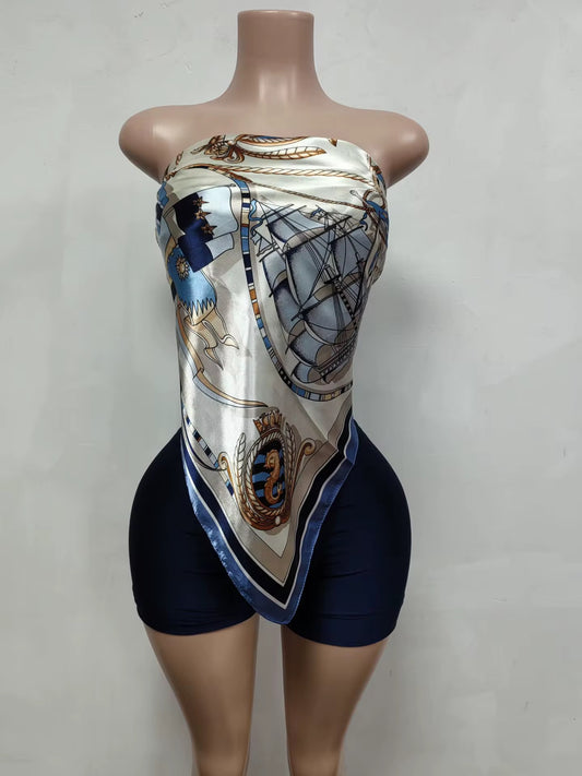 Renee Navy Blue Scarf Top Shorts Set