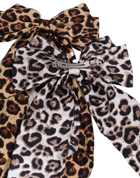 Leopard Print Off Gray Satin Hair Bow Accessory