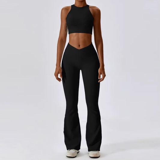 Raha Ribbed Black Adore Active Flare Pants Set