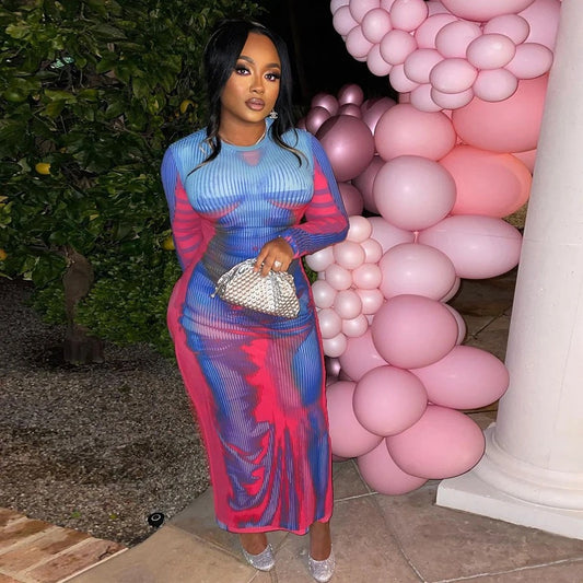 Raila Blue Pink Bodyprint Maxi Dress