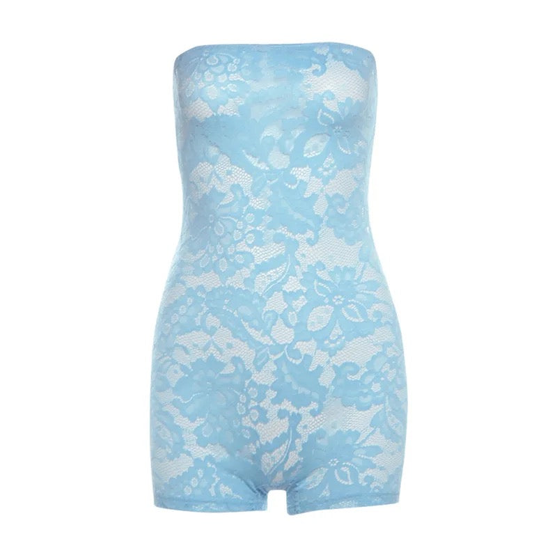 Rei Blue Lace Halter Top Romper