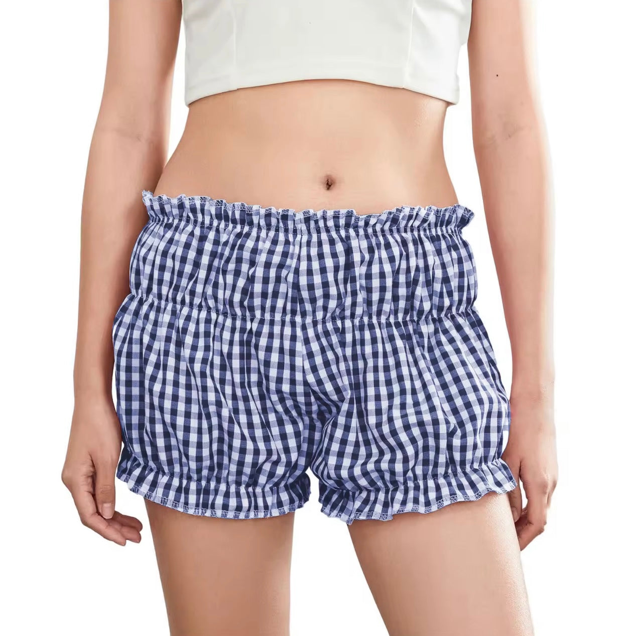 Seye Navy Blue Plaid Ruffle Shorts