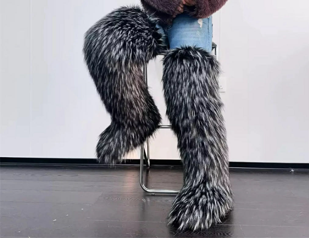 Black Gray Mixed Thigh High Fur Boots