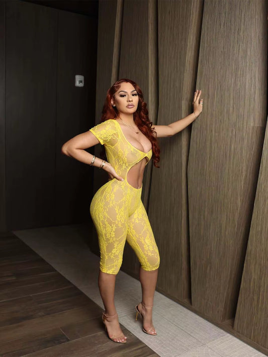 Rosie Yellow Lace Backless Romper