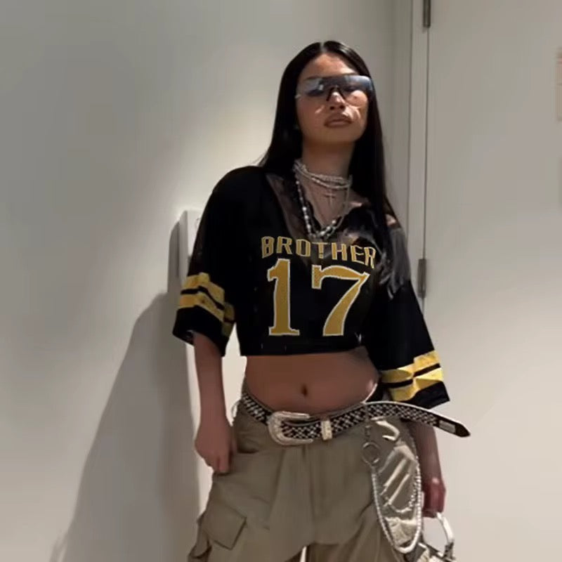 17 Black & Yellow Laced Jersey Crop Top