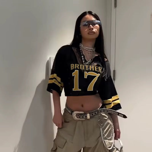 17 Black & Yellow Laced Jersey Crop Top