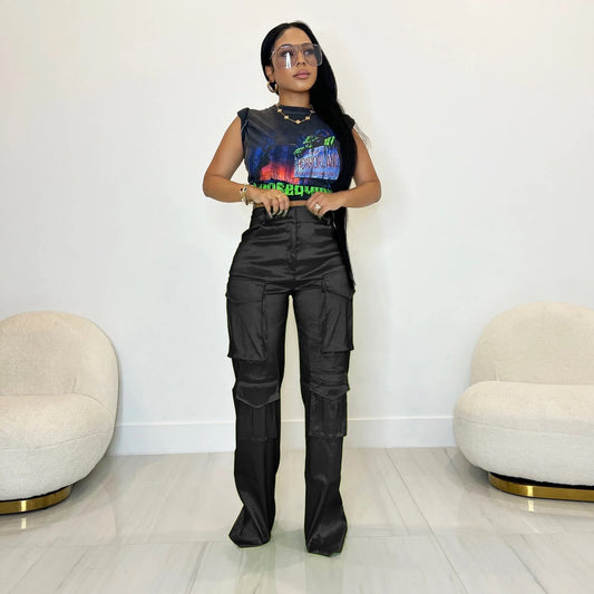 Lily Shiny Black Cargos