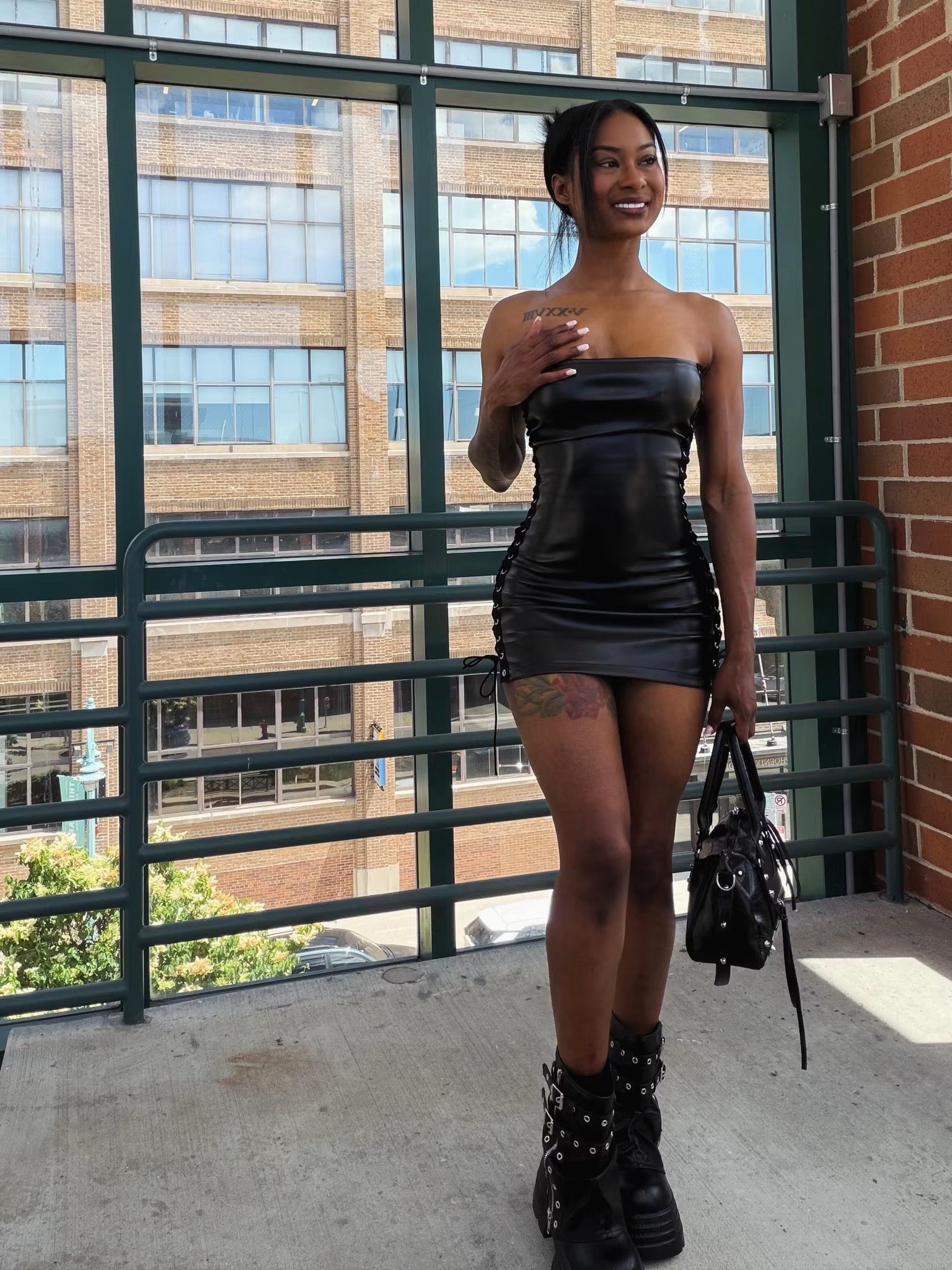 Leather Bodied Tieup Mini Dress