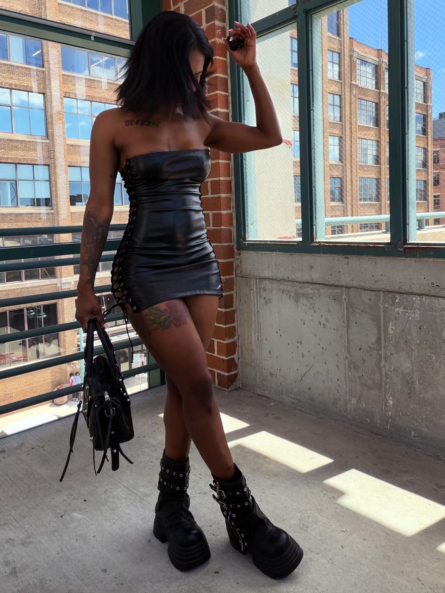 Leather Bodied Tieup Mini Dress