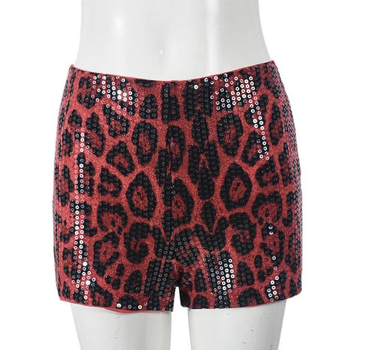 Isla Leopard Print Sequined Pink/Red Shorts