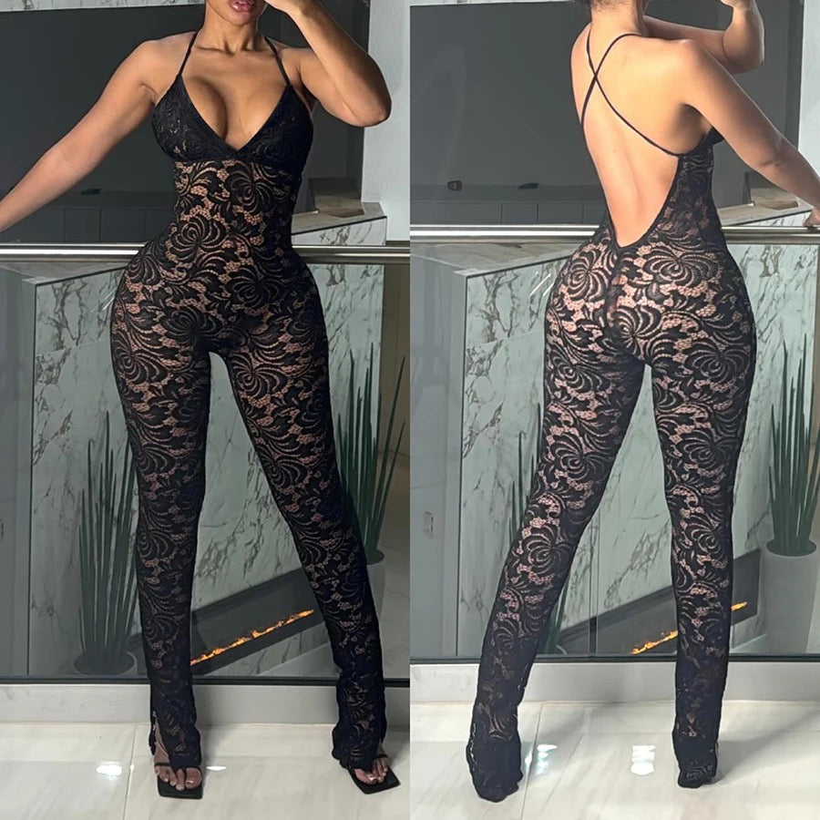 Kellz Black Backless Lace Jumpsuit