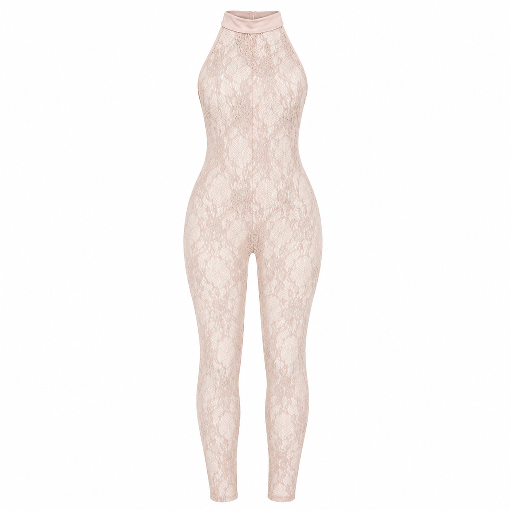 Jaei Nude Pink Backless Lace Jumpsuit