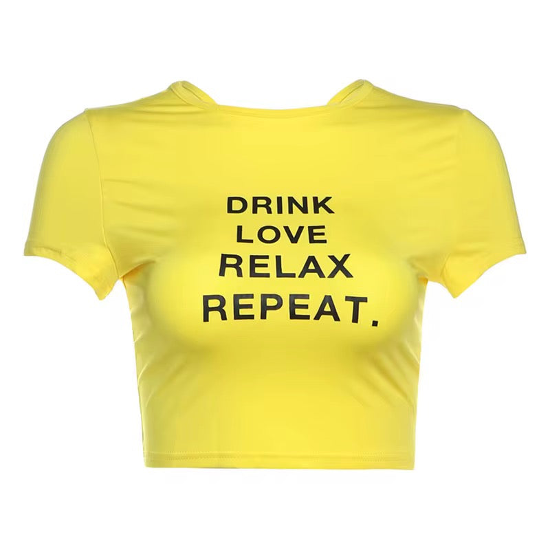 Drink Love Relax Repeat Yellow Crop Top