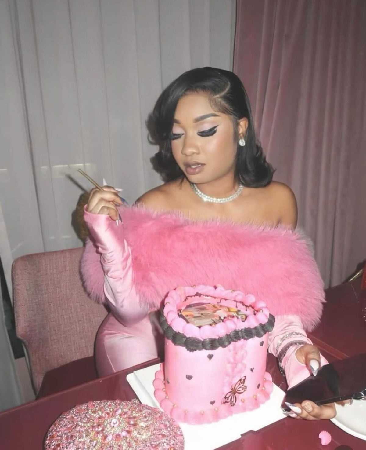 Myai Pink Fur Top Shoulderless Jumpsuit