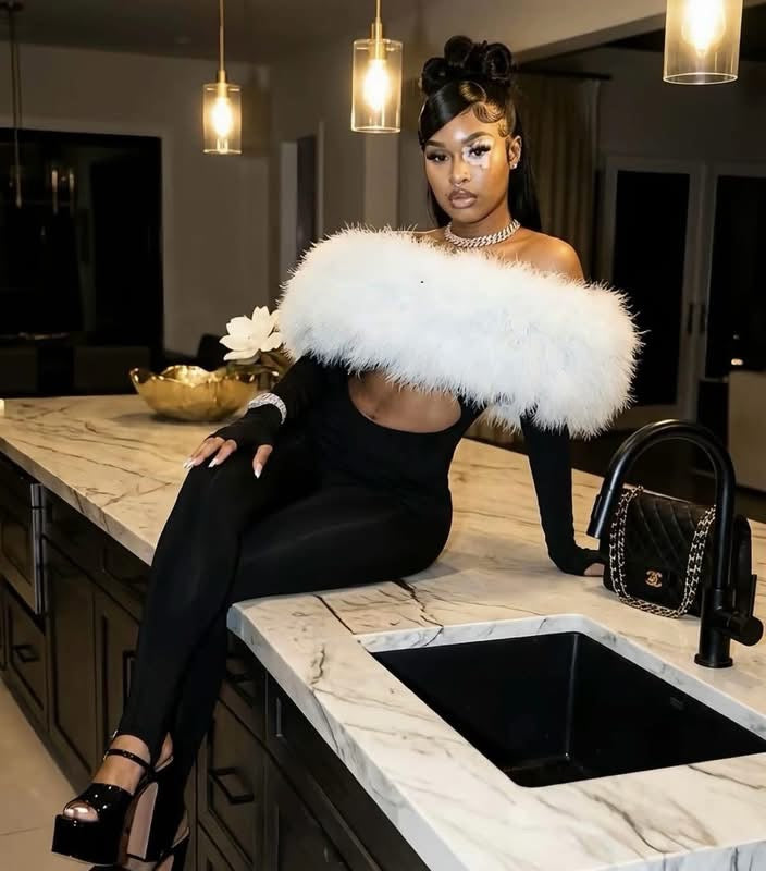 Myai Black Fur Top Shoulderless Jumpsuit