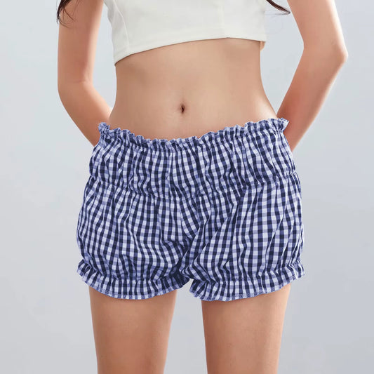 Seye Navy Blue Plaid Ruffle Shorts