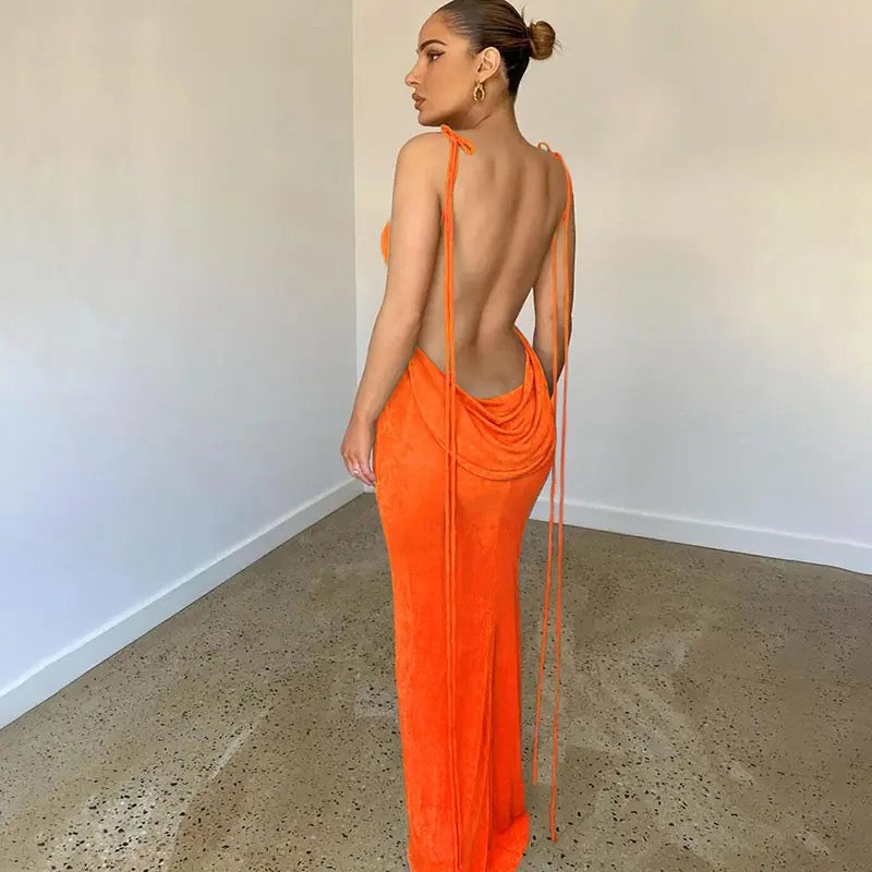 Rican Orange Backless Maxi Dress