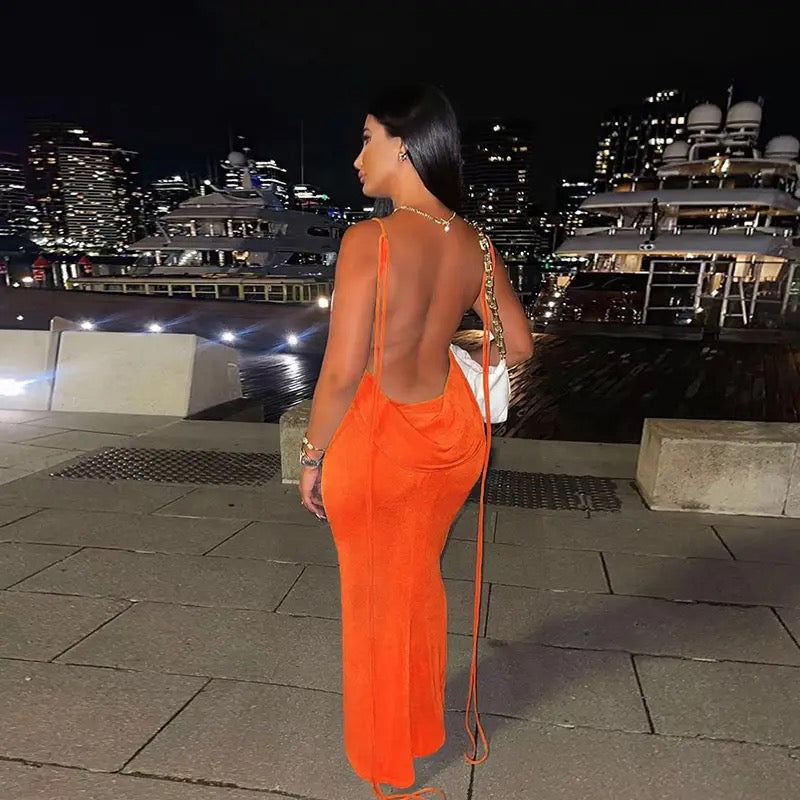 Rican Orange Backless Maxi Dress