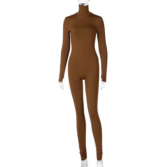 Veah Brown Turtle Neck Long Sleeve Jumpsuit